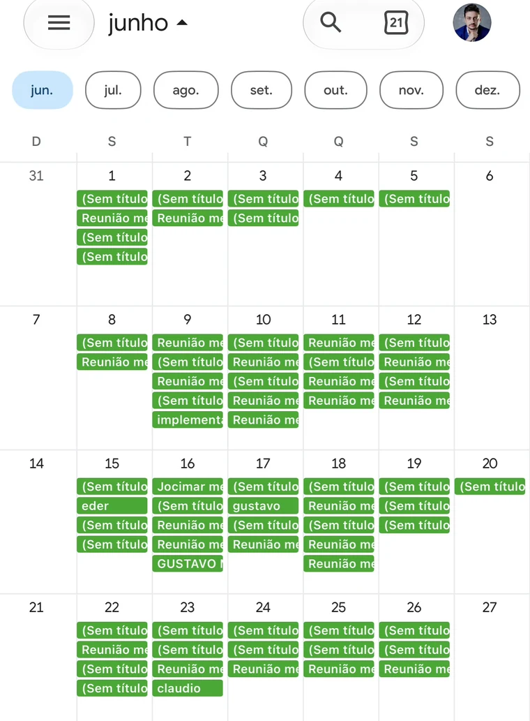 Calendário de junho do Aroldo com reunião marcada em quase todo dia útil de quatro semanas seguidas