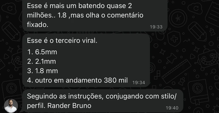 Mensagem do Rander listando os três reels virais com 6,5 milhões, 2,1 milhões e 1,8 milhão de visualizações